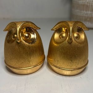 Vintage Mid Century Napier Brushed Metal Owl Salt & Pepper Shakers 1950’s Gold